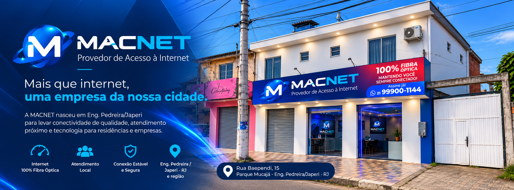 Banner da MACNET com a fachada da loja em Japeri, sua apresentação e contato.